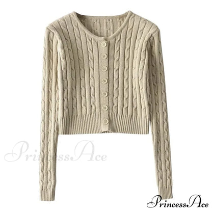 Vintage Long Sleeve Slim Knitted Cardigan Apricot / One Size