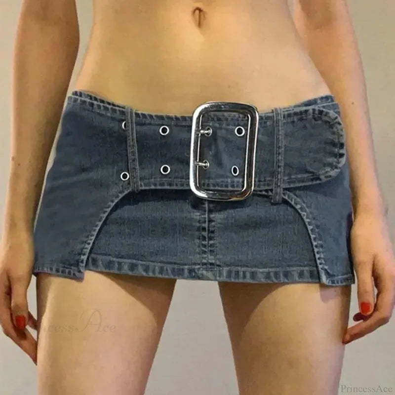 Vintage Metal Buckle Denim Skirt blue / S skirts-250223