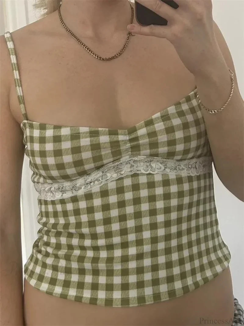 Vintage Plaid Lace Patchwork Spaghetti Crop Top GREEN / S croptop-250126