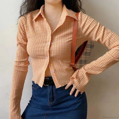 Vintage Plaid Long Sleeve Blouse Yellow / M blouse-250223