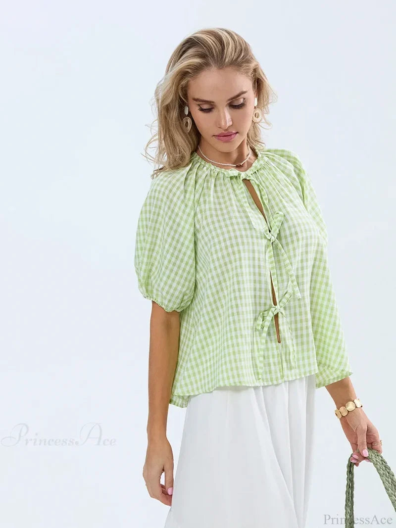 Vintage Plaid Tie-Up Blouse blouse-250223