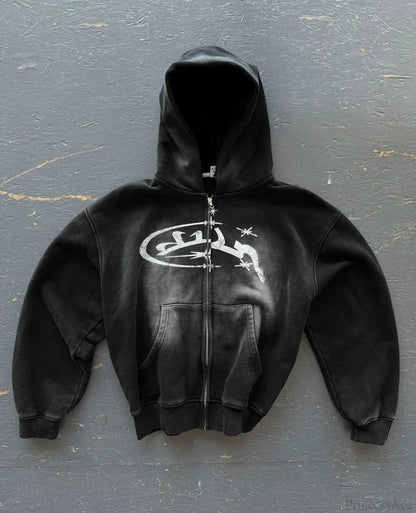 Vintage Print Zip Up Hoodie black 4 / M