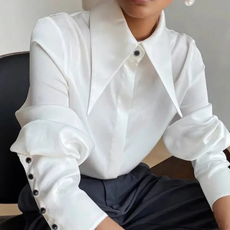 Vintage Satin Silk Turn Down Collar Blouse blouse-250126