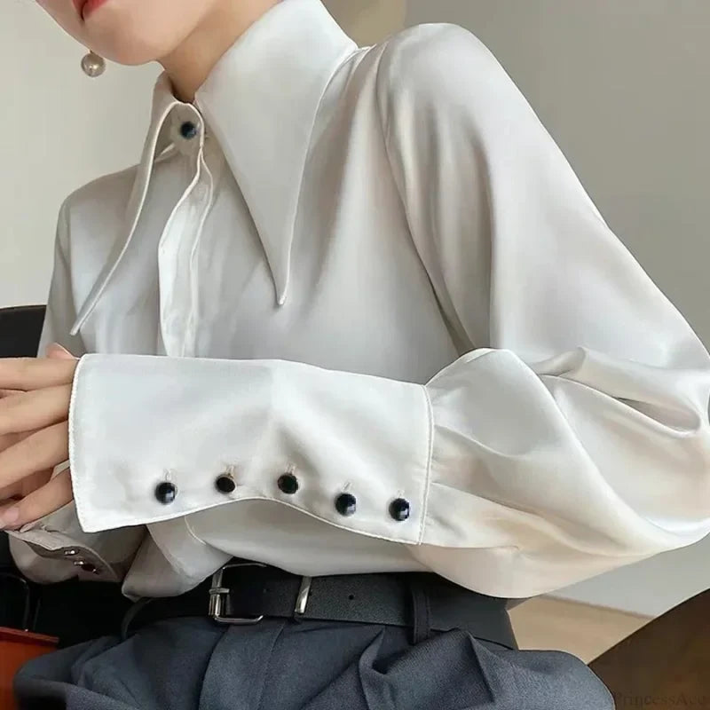 Vintage Satin Silk Turn Down Collar Blouse blouse-250223
