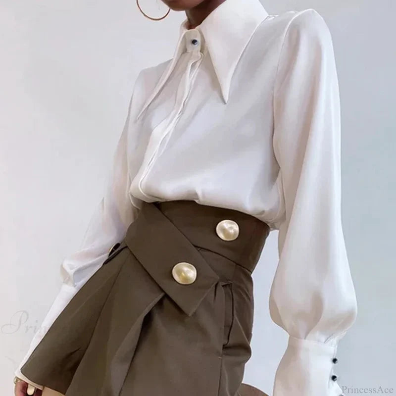 Vintage Satin Silk Turn Down Collar Blouse blouse-250126