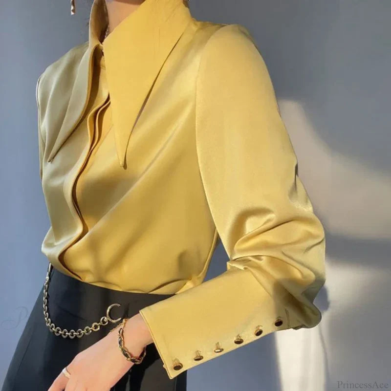 Vintage Satin Silk Turn Down Collar Blouse blouse-250126
