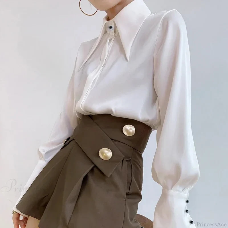 Vintage Satin Silk Turn Down Collar Blouse blouse-250223