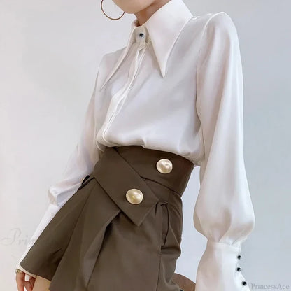 Vintage Satin Silk Turn Down Collar Blouse blouse-250223
