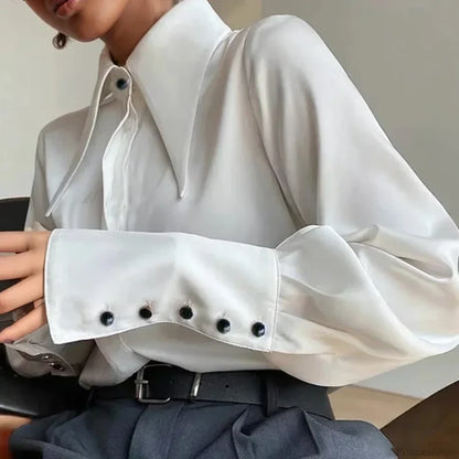 Vintage Satin Silk Turn Down Collar Blouse WHITE / S blouse-250126