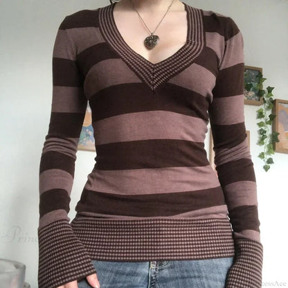 Vintage Striped T-shirt V-Neck Long Sleeve Knit Top Women knittop-250126