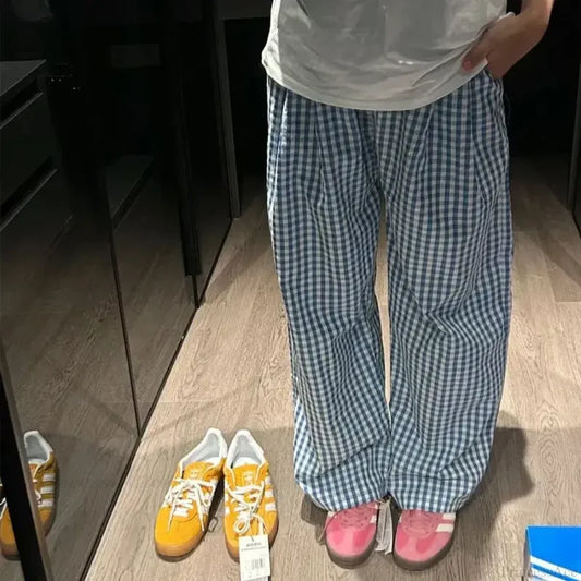 Vintage Y2K Plaid Women Casual Baggy Pants blue / S
