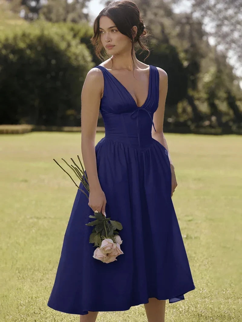 Waist Wrap Print A-line Vacation Dress Navy Blue / S vacationdress-250223