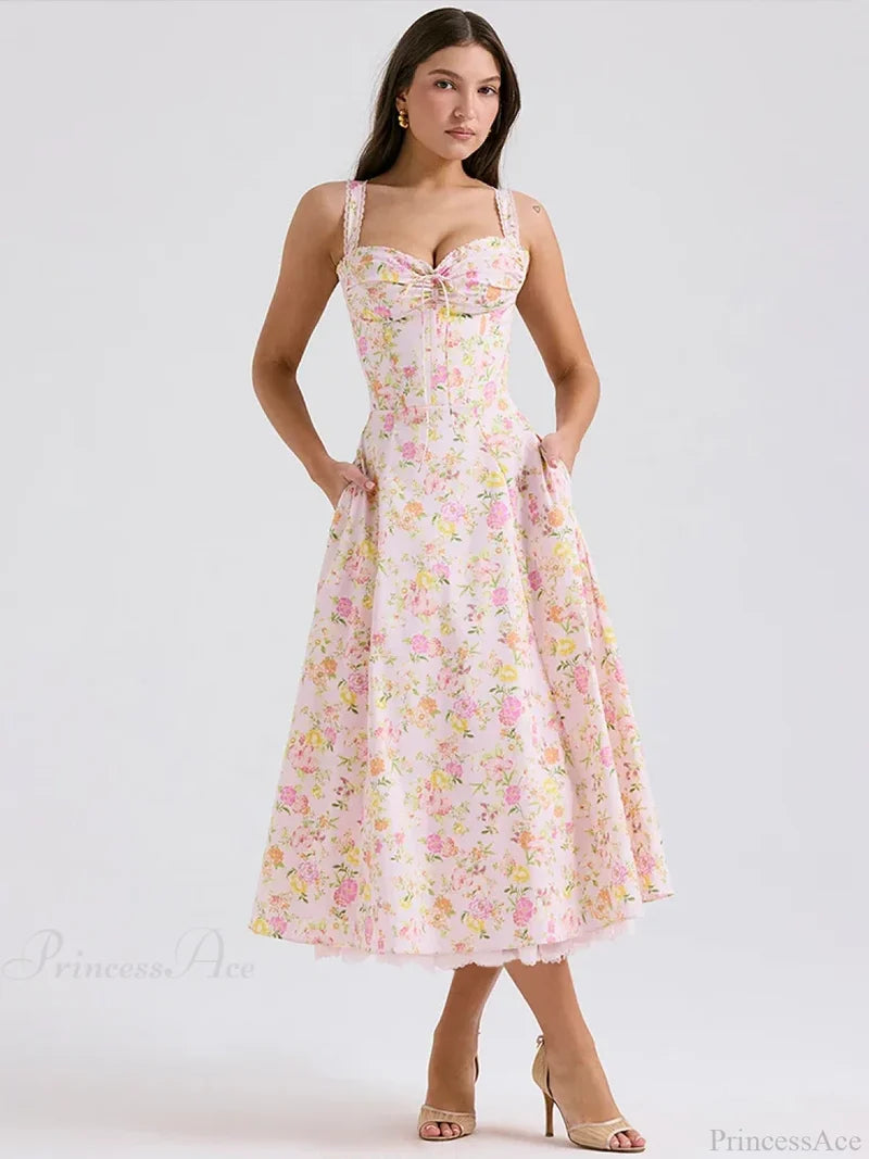 Waist Wrap Spaghetti Strap Print Floral Dress pink1 / S