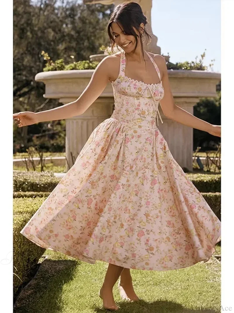 Waist Wrap Spaghetti Strap Print Floral Dress pink4 / S