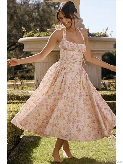 Waist Wrap Spaghetti Strap Print Floral Dress pink4 / S