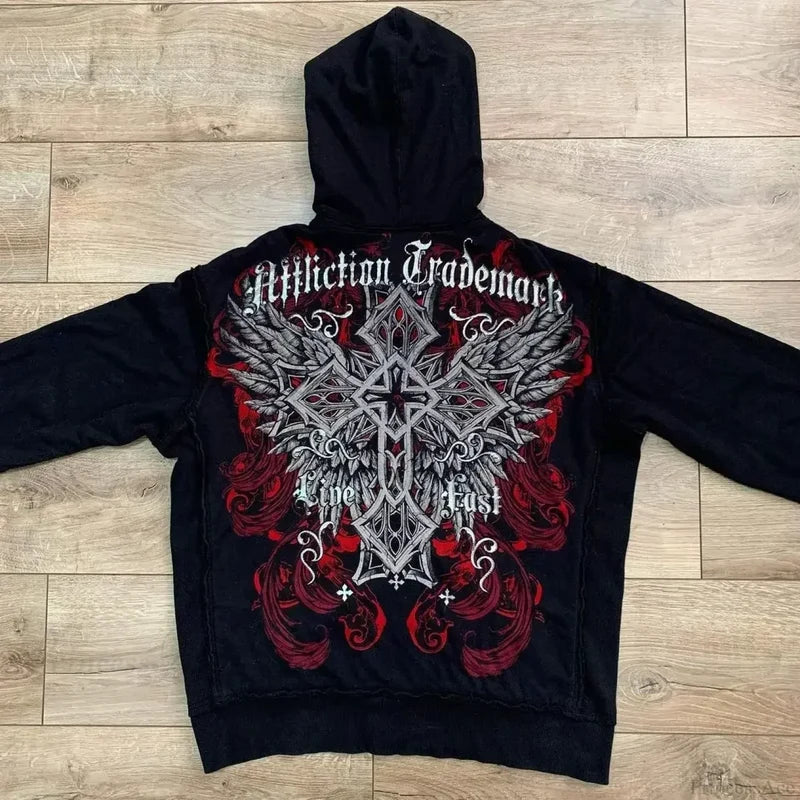 Washed Gothic Letter Zipper Hoodie black 4 / S