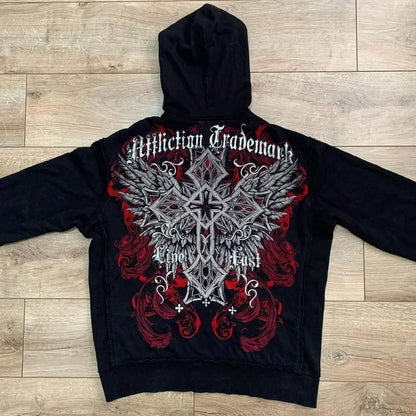 Washed Gothic Letter Zipper Hoodie black 4 / S