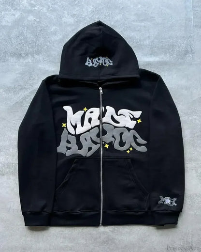 Washed Gothic Letter Zipper Hoodie black 5 / S