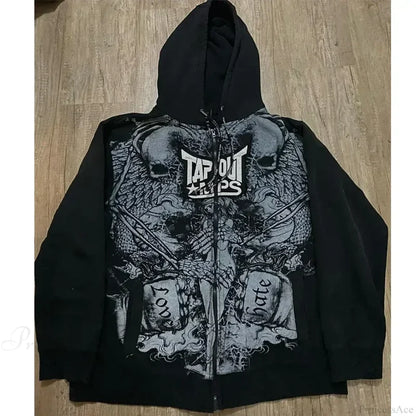 Washed Gothic Letter Zipper Hoodie black 6 / S