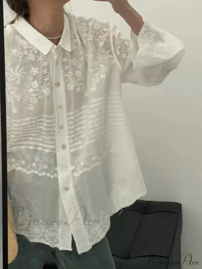 White Cotton Embroidery Lace Long Sleeve Boho Beach Blouse White / One Size bohoblouse-250126