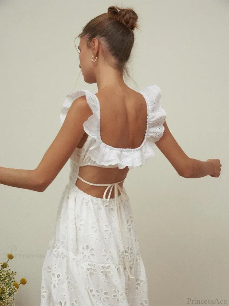 White Cotton Floral Lace Maxi Dress bohodress-250126