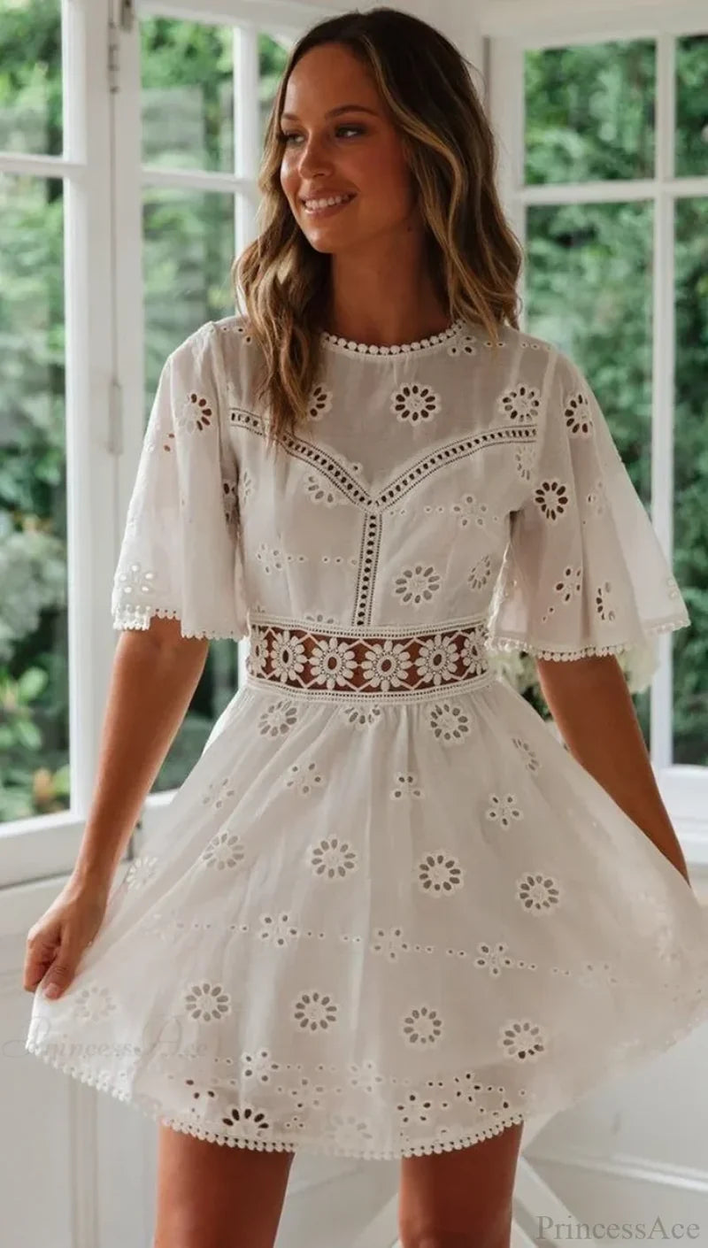 White Cotton Half Sleeve Sexy Backless Hollow Out Mini Boho Dress bohodress-250126
