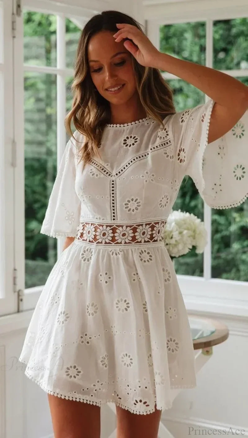 White Cotton Half Sleeve Sexy Backless Hollow Out Mini Boho Dress bohodress-250126