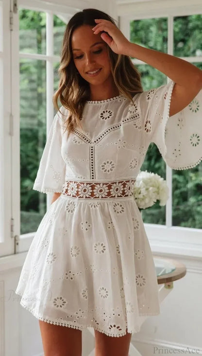 White Cotton Half Sleeve Sexy Backless Hollow Out Mini Boho Dress bohodress-250126