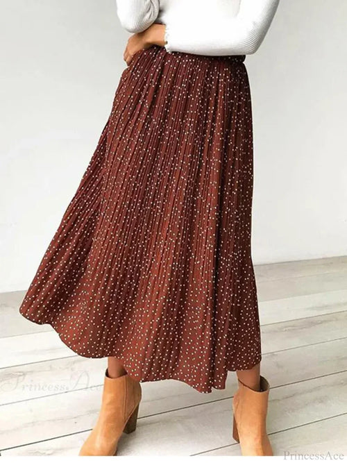 White Dots Floral Print Pleated Midi Skirt with Pockets skirt-250126