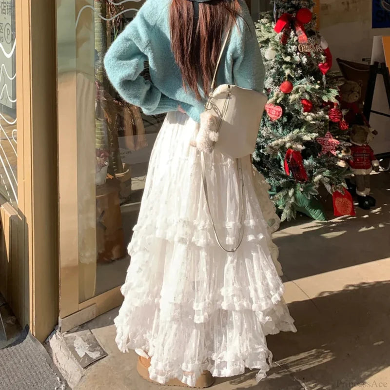 White Floral Tulle Floor-Length Skirt skirts-250223