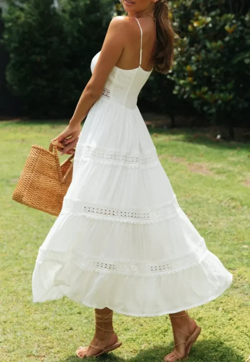 White Hollow Out Strapless Split Sleeveless Maxi Boho Dress bohodress-250126