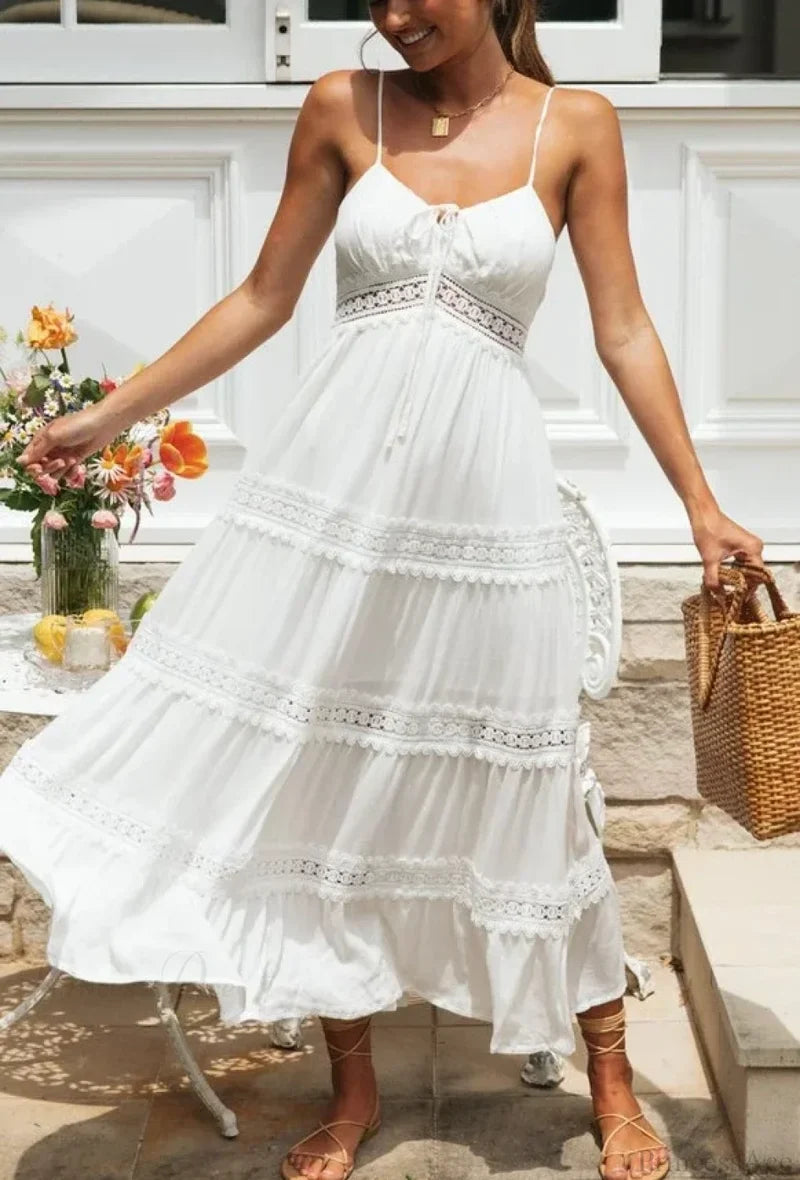 White Hollow Out Strapless Split Sleeveless Maxi Boho Dress White / S bohodress-250126