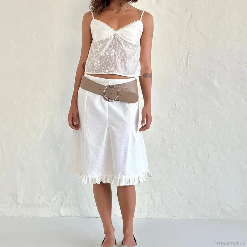 White Jacquard Floral Lace Trim V Neck Kawaii Fairycore 00s Y2K Camisole Crop Top croptop-250126