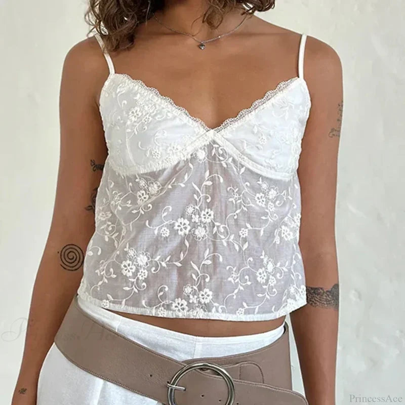White Jacquard Floral Lace Trim V Neck Kawaii Fairycore 00s Y2K Camisole Crop Top croptop-250126