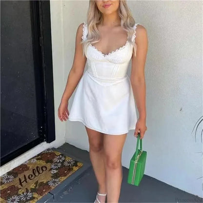 White Knitted Lace Mini Dress minidress-250223