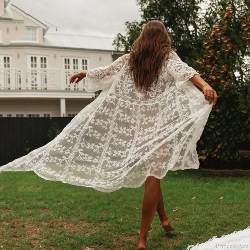 White Lace Cardigan Boho Bikini Cover Up See-through WHITE / One Size bohocoverup-250126