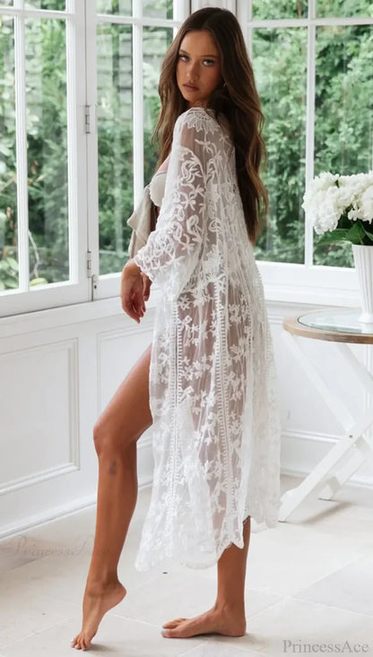 White Lace Cardigan Boho Bikini Cover Up See-through WHITE / One Size bohocoverup-250126