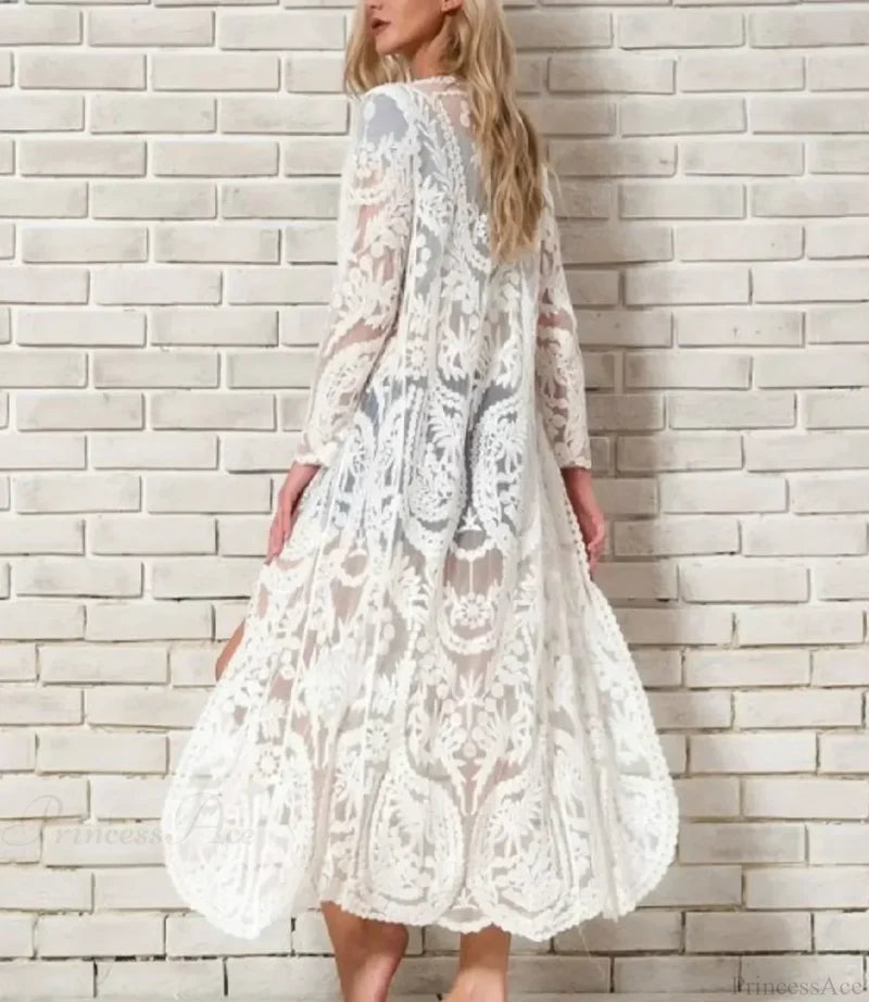 White Lace Kimono Boho Bikini Cover up Long / One Size bohocoverup-250126