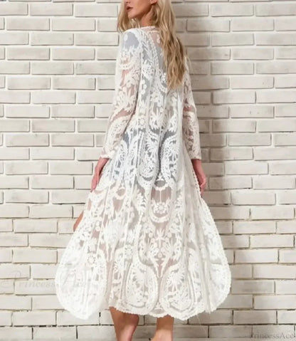 White Lace Kimono Boho Bikini Cover up Long / One Size bohocoverup-250126