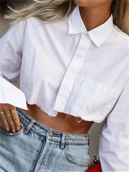 White Long Sleeve Turn Down Collar Cropped Blouse WHITE / S blouse-250126