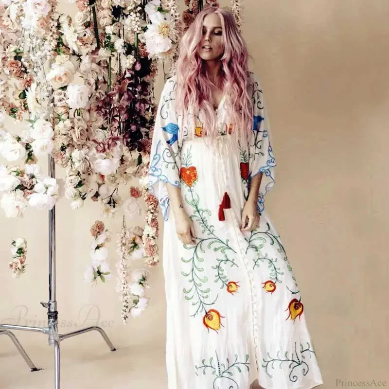 White Maxi Dress Cotton Floral Embroidery Sexy V-neck Beach Dress bohodress-250126