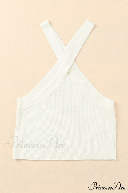 White Neck Knit Ribbed Halter Tank Cross Criss Top Tops