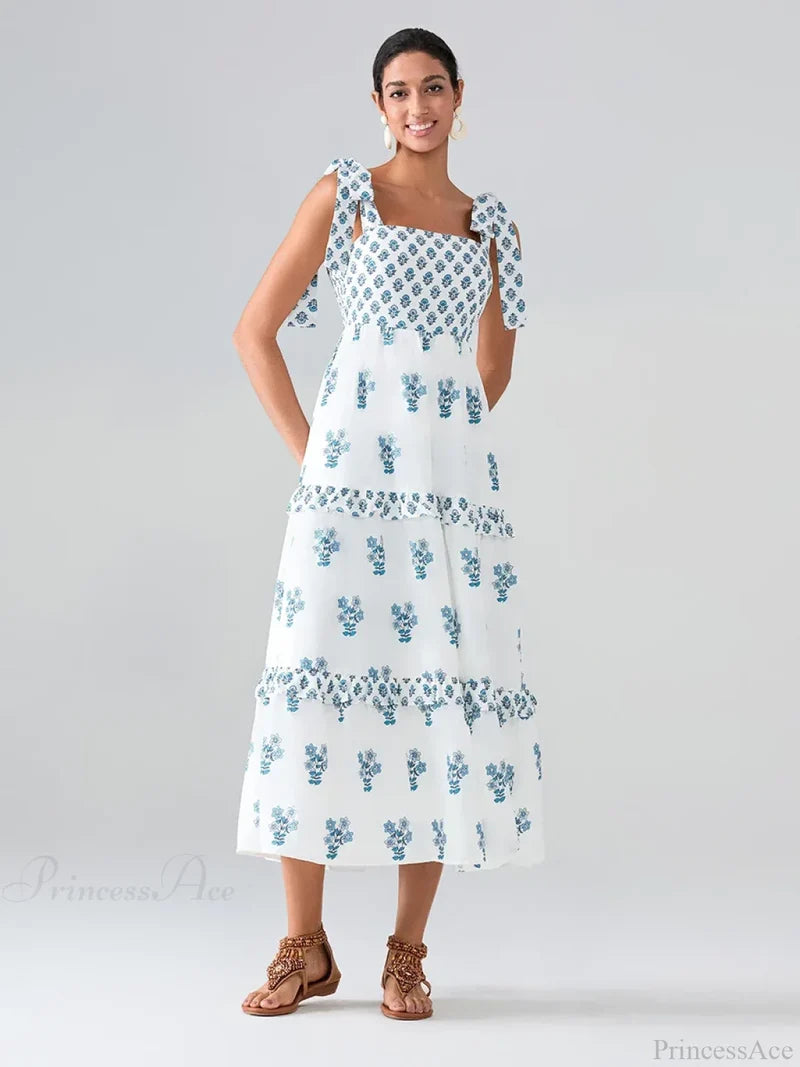 Wide Straps Flowy Floral Bohemian Beach Frill Trim Square Neck A-Line Dress floraldress-250126