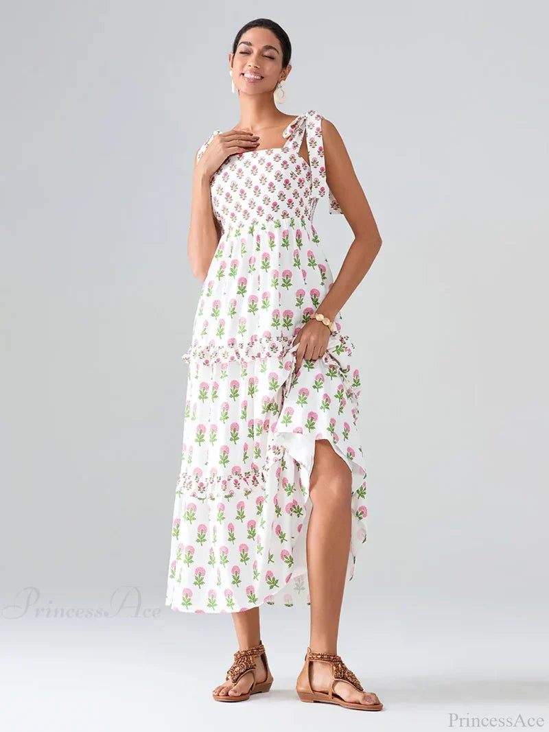 Wide Straps Flowy Floral Bohemian Beach Frill Trim Square Neck A-Line Dress floraldress-250126