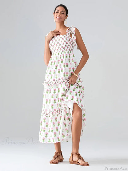 Wide Straps Flowy Floral Bohemian Beach Frill Trim Square Neck A-Line Dress floraldress-250126