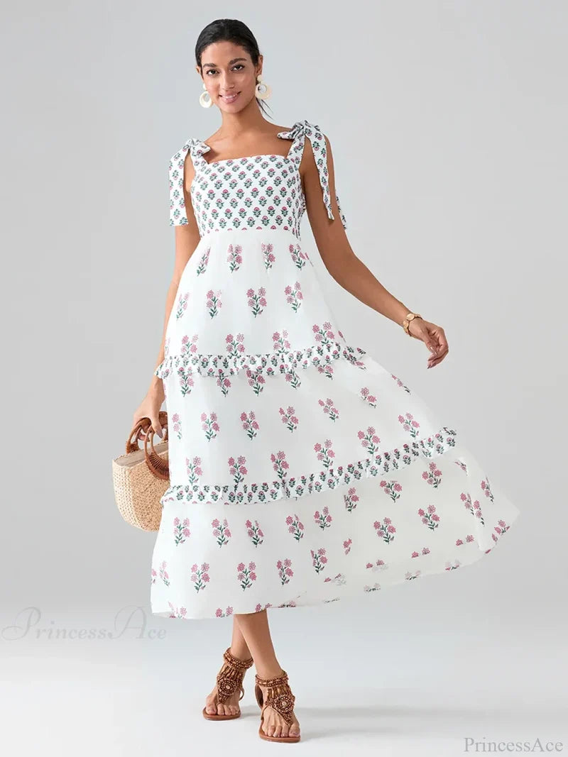 Wide Straps Flowy Floral Bohemian Beach Frill Trim Square Neck A-Line Dress Pink / S floraldress-250126