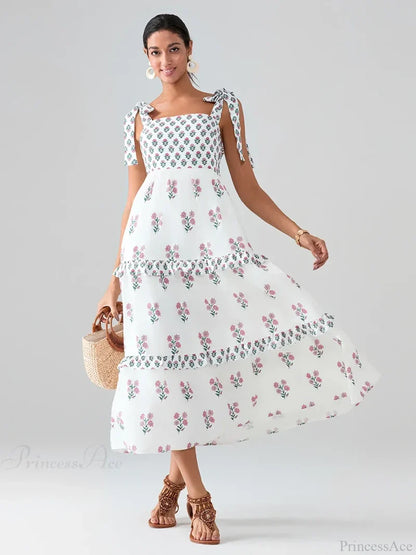 Wide Straps Flowy Floral Bohemian Beach Frill Trim Square Neck A-Line Dress Pink / S floraldress-250126