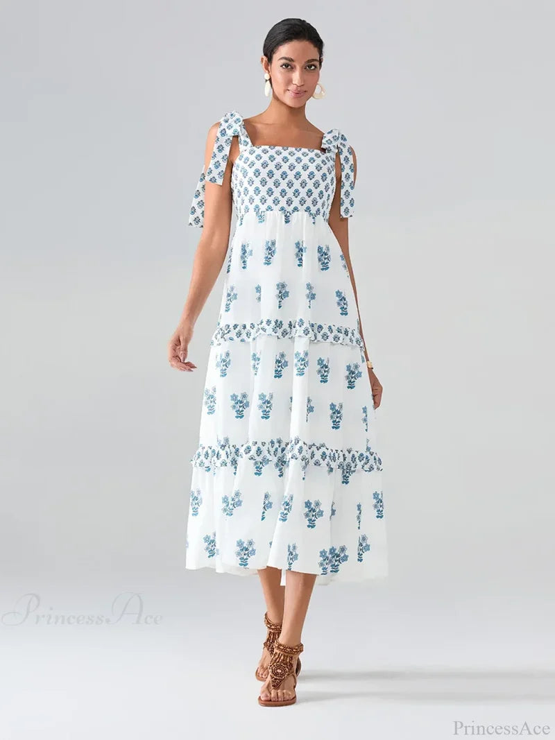 Wide Straps Flowy Floral Bohemian Beach Frill Trim Square Neck A-Line Dress Blue / S floraldress-250126