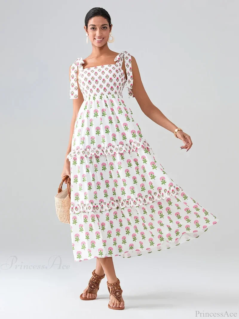 Wide Straps Flowy Floral Bohemian Beach Frill Trim Square Neck A-Line Dress MULTI / S floraldress-250126