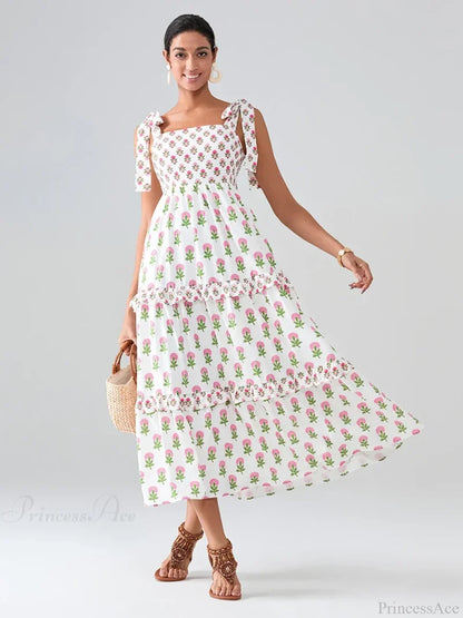 Wide Straps Flowy Floral Bohemian Beach Frill Trim Square Neck A-Line Dress MULTI / S floraldress-250126